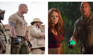 Two side-by-side scenes from the modern Jumanji movies: Kevin Hart, Dwayne Johnson and Jack Black wearing khaki standing in the desert; Johnson holding a glowing green orb in a jungle alongside Karen Gillan.
