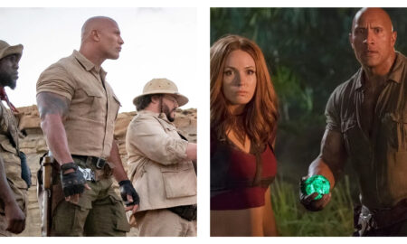 Two side-by-side scenes from the modern Jumanji movies: Kevin Hart, Dwayne Johnson and Jack Black wearing khaki standing in the desert; Johnson holding a glowing green orb in a jungle alongside Karen Gillan.