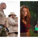 Two side-by-side scenes from the modern Jumanji movies: Kevin Hart, Dwayne Johnson and Jack Black wearing khaki standing in the desert; Johnson holding a glowing green orb in a jungle alongside Karen Gillan.