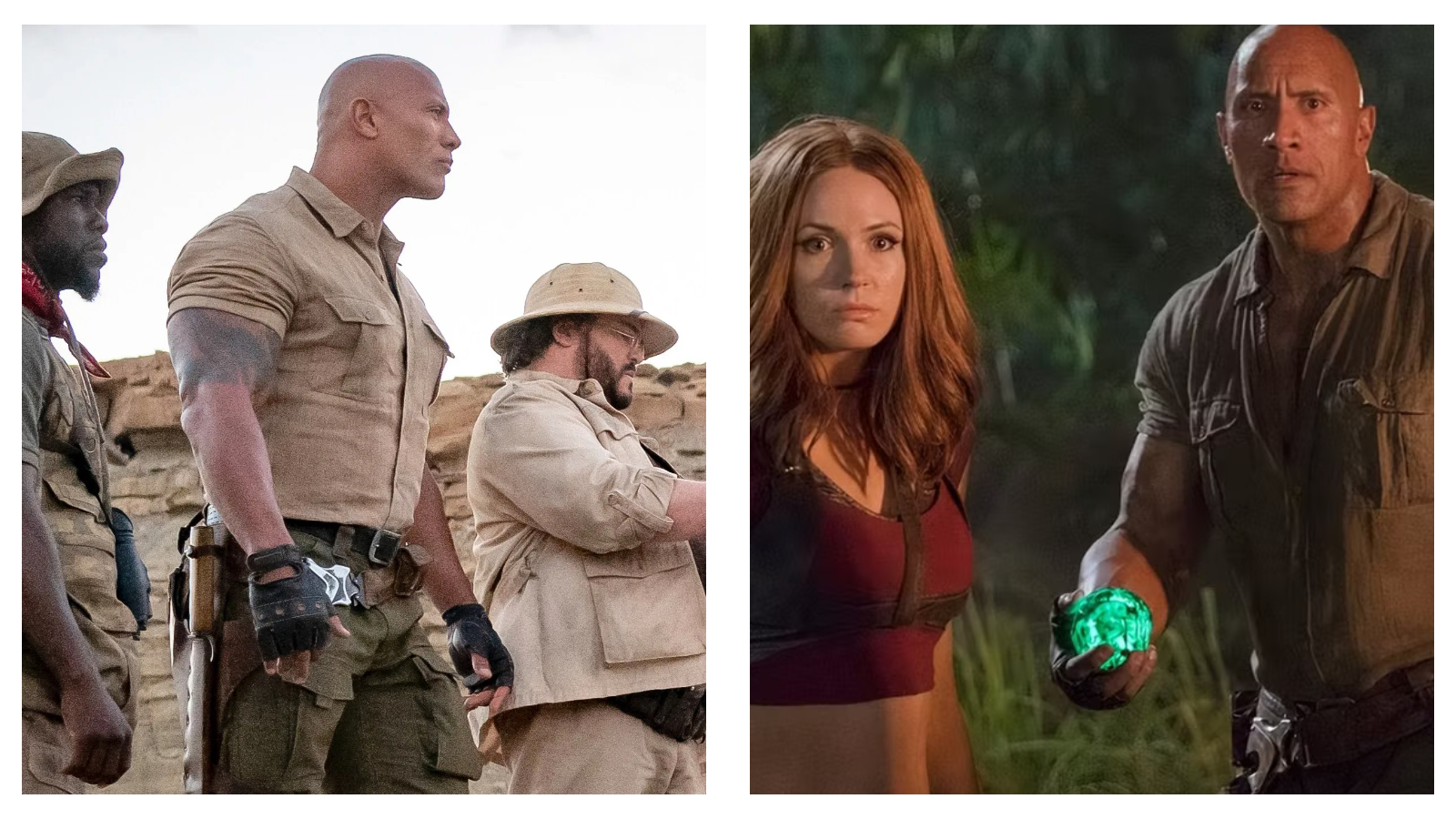 Two side-by-side scenes from the modern Jumanji movies: Kevin Hart, Dwayne Johnson and Jack Black wearing khaki standing in the desert; Johnson holding a glowing green orb in a jungle alongside Karen Gillan.