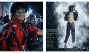 A split image of Jaafar Jackson in the Michael Jackson biopic, in costume portraying Michael in the Thriller video (left) and on stage mid-concert (right).