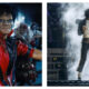 A split image of Jaafar Jackson in the Michael Jackson biopic, in costume portraying Michael in the Thriller video (left) and on stage mid-concert (right).