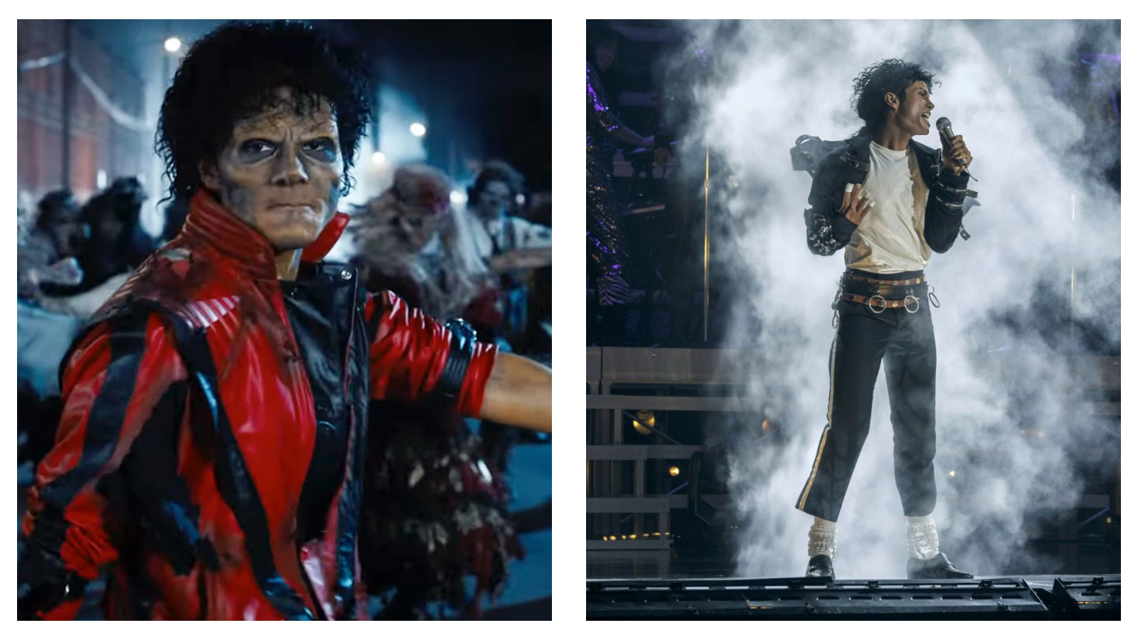 A split image of Jaafar Jackson in the Michael Jackson biopic, in costume portraying Michael in the Thriller video (left) and on stage mid-concert (right).