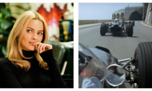 Two stills: on the left is Margot Robbie as Sharon Stone in Once Upon a Time in Hollywood, on the right are period F1 cars from the film Grand Prix