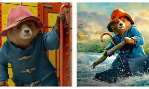 Side-by-side images of Paddington Bear in a blue duffle coat and red hat. On the left, he stands beside a yellow train; on the right, he paddles an umbrella through a mountainous jungle river.