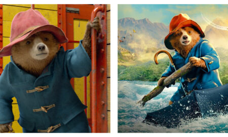 Side-by-side images of Paddington Bear in a blue duffle coat and red hat. On the left, he stands beside a yellow train; on the right, he paddles an umbrella through a mountainous jungle river.