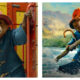 Side-by-side images of Paddington Bear in a blue duffle coat and red hat. On the left, he stands beside a yellow train; on the right, he paddles an umbrella through a mountainous jungle river.