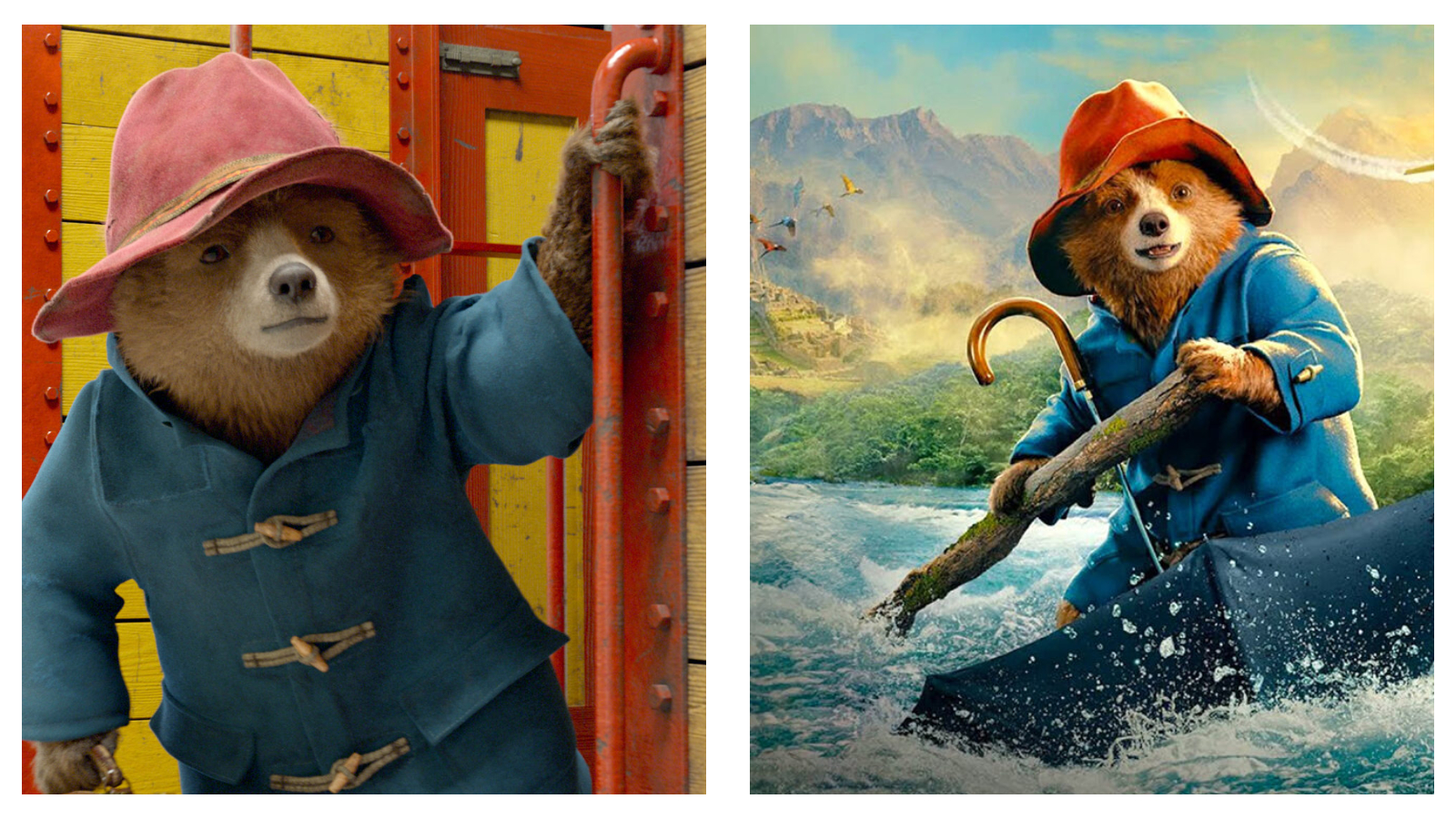 Side-by-side images of Paddington Bear in a blue duffle coat and red hat. On the left, he stands beside a yellow train; on the right, he paddles an umbrella through a mountainous jungle river.
