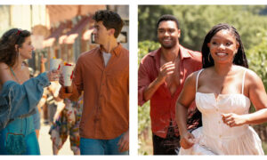 Left: Emily Bader and Tom Blyth smiling and toasting with large iced drinks on a sunny street in People We Meet on Vacation. Right: Halle Bailey smiling in a white corset-style dress running forward in a vineyard, followed by Rege-Jean Page in an open red shirt.