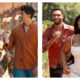 Left: Emily Bader and Tom Blyth smiling and toasting with large iced drinks on a sunny street in People We Meet on Vacation. Right: Halle Bailey smiling in a white corset-style dress running forward in a vineyard, followed by Rege-Jean Page in an open red shirt.
