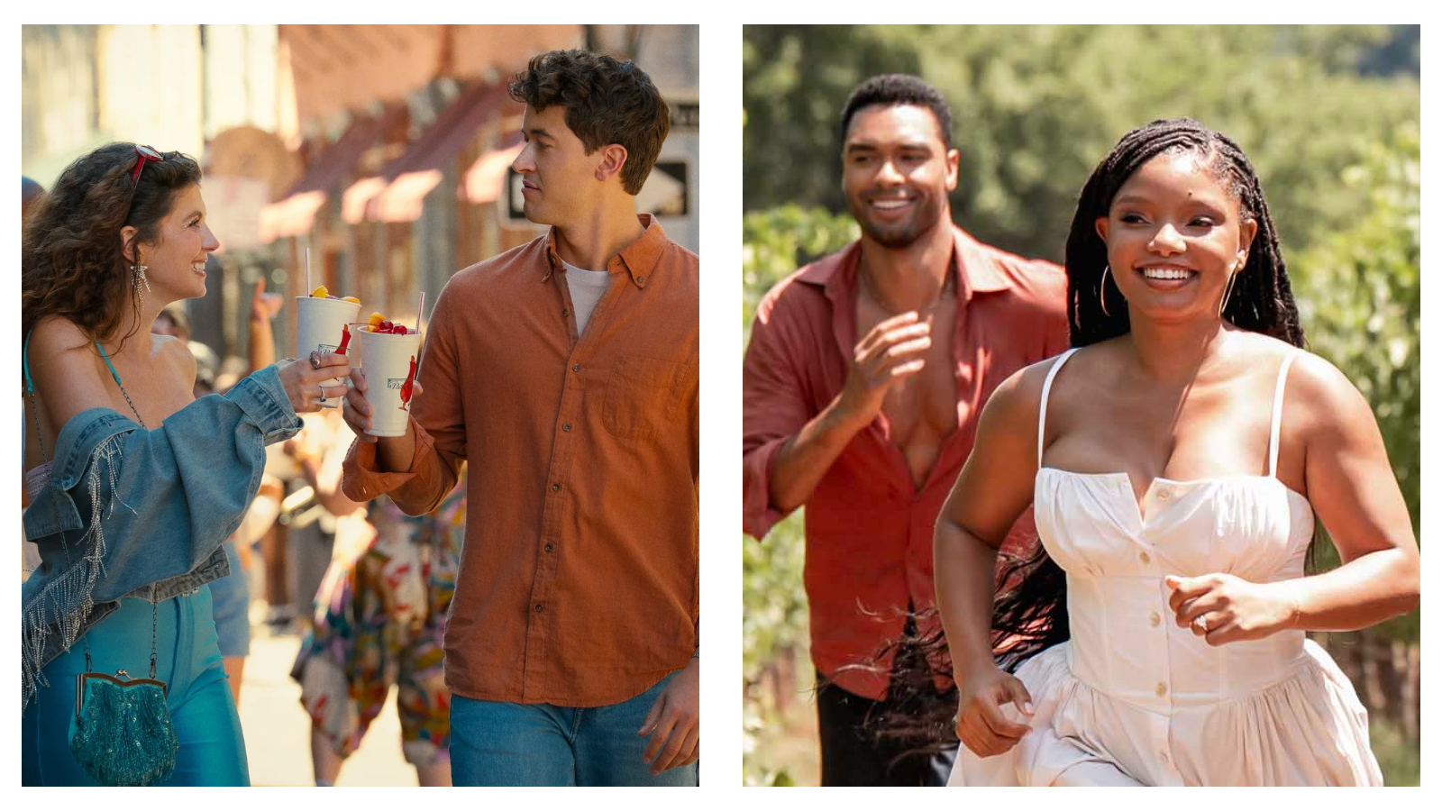 Left: Emily Bader and Tom Blyth smiling and toasting with large iced drinks on a sunny street in People We Meet on Vacation. Right: Halle Bailey smiling in a white corset-style dress running forward in a vineyard, followed by Rege-Jean Page in an open red shirt.