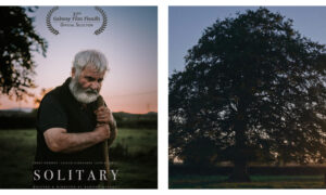 Left still: A bearded man looks downwards, resting his hands on a wooden handle against a twilight sky, featuring the text "37th Galway Film Fleadh OFFICIAL SELECTION", "GERRY HERBERT CAILUM CARRAGHER CATE RUSSELL", "SOLITARY", and "WRITTEN & DIRECTED BY EAMONN MURPHY". Right still: A large silhouetted tree stands in a rural field at dusk, with a small figure walking near a distant fence line.