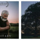Left still: A bearded man looks downwards, resting his hands on a wooden handle against a twilight sky, featuring the text "37th Galway Film Fleadh OFFICIAL SELECTION", "GERRY HERBERT CAILUM CARRAGHER CATE RUSSELL", "SOLITARY", and "WRITTEN & DIRECTED BY EAMONN MURPHY". Right still: A large silhouetted tree stands in a rural field at dusk, with a small figure walking near a distant fence line.