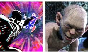 A still of Beyond the Spider-Verse side by side with a still of Gollum
