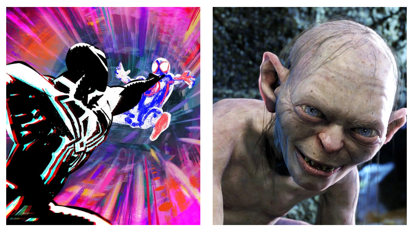 A still of Beyond the Spider-Verse side by side with a still of Gollum