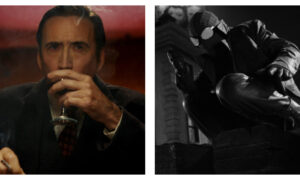 Side-by-side cinematic stills of Nicolas Cage in Spider-Man Noir. Left: Cage with a stern expression, holding a drink and a cigarette against a red backdrop. Right: Cage in Spider-Man Noir costume, crouching on a rooftop in a black-and-white, film noir style.