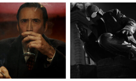 Side-by-side cinematic stills of Nicolas Cage in Spider-Man Noir. Left: Cage with a stern expression, holding a drink and a cigarette against a red backdrop. Right: Cage in Spider-Man Noir costume, crouching on a rooftop in a black-and-white, film noir style.