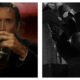 Side-by-side cinematic stills of Nicolas Cage in Spider-Man Noir. Left: Cage with a stern expression, holding a drink and a cigarette against a red backdrop. Right: Cage in Spider-Man Noir costume, crouching on a rooftop in a black-and-white, film noir style.