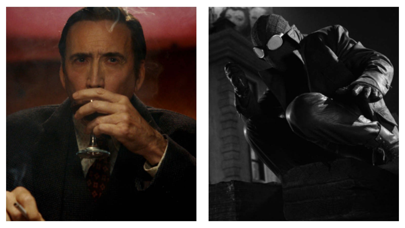 Side-by-side cinematic stills of Nicolas Cage in Spider-Man Noir. Left: Cage with a stern expression, holding a drink and a cigarette against a red backdrop. Right: Cage in Spider-Man Noir costume, crouching on a rooftop in a black-and-white, film noir style.