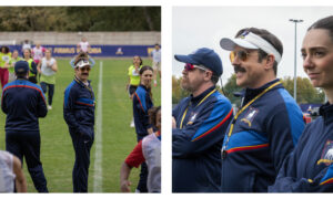 Brendan Hunt, Jason Sudeikis and Tanya Reynolds in Ted Lasso Season 4