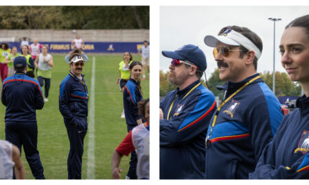 Brendan Hunt, Jason Sudeikis and Tanya Reynolds in Ted Lasso Season 4