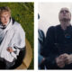Stills of Joseph Zada in The Hunger Games: Sunrise on the Reaping, on the left he's in a white poncho rising from a pedestal onto grass and on the right he is in handcuffs, flanked by guards in white armour.