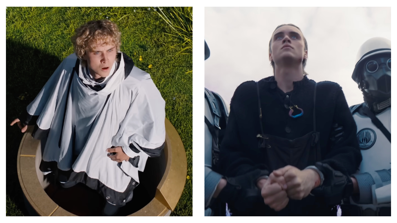 Stills of Joseph Zada in The Hunger Games: Sunrise on the Reaping, on the left he's in a white poncho rising from a pedestal onto grass and on the right he is in handcuffs, flanked by guards in white armour.