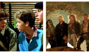 Stills from the Lost Boys. Left: three boys in 80s attire look concerned. Right: four blood-stained vampires stand together in a dark forest.