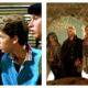 Stills from the Lost Boys. Left: three boys in 80s attire look concerned. Right: four blood-stained vampires stand together in a dark forest.