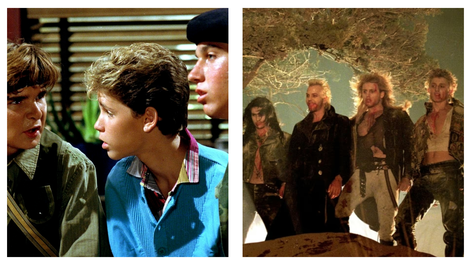 Stills from the Lost Boys. Left: three boys in 80s attire look concerned. Right: four blood-stained vampires stand together in a dark forest.
