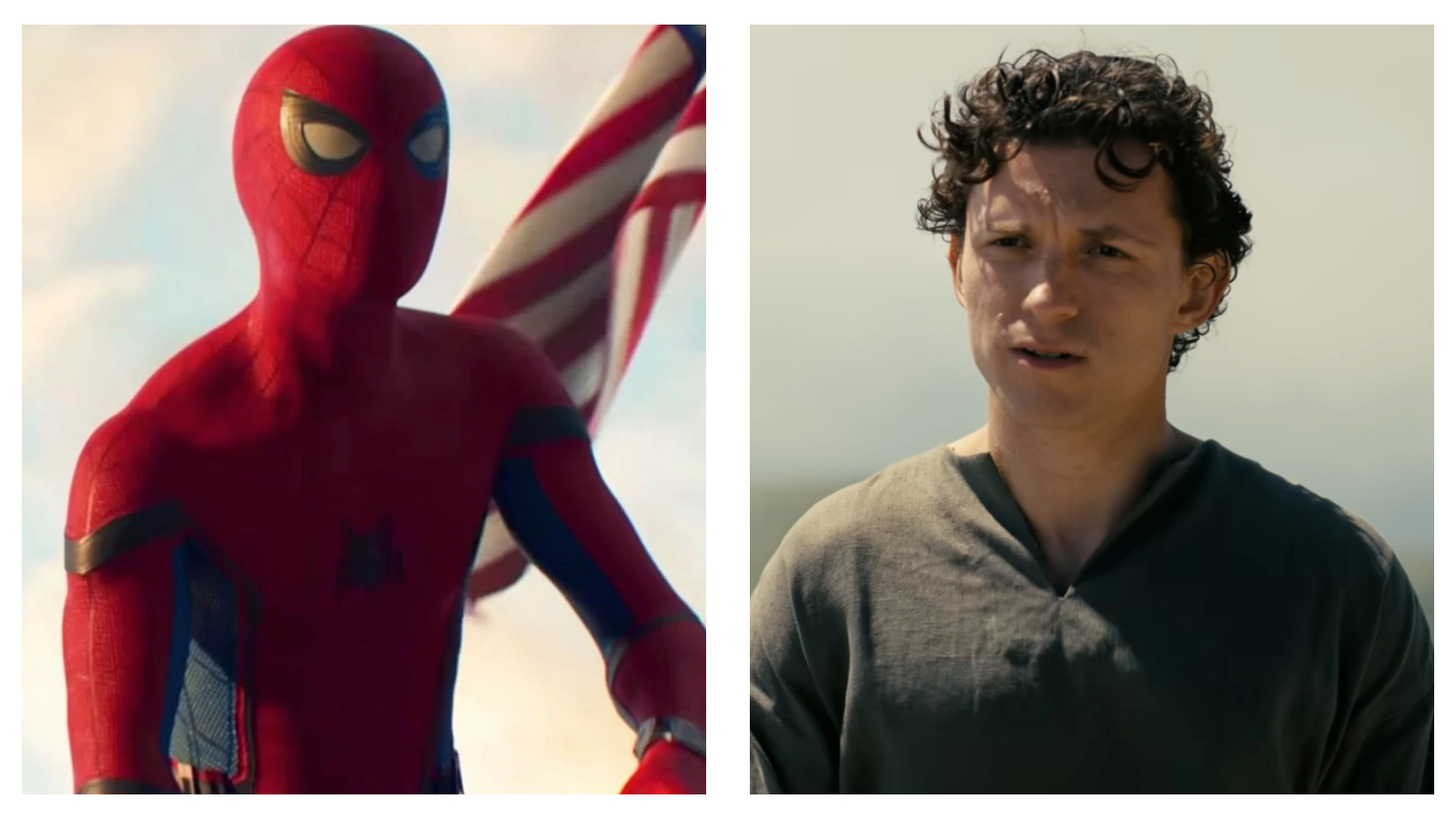 Stills of Tom Holland in Spider-Man: Brand New Day (left) and The Odyssey (right)