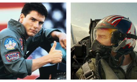 Stills of Tom Cruise in Top Gun (left) and Top Gun: Maverick (right)