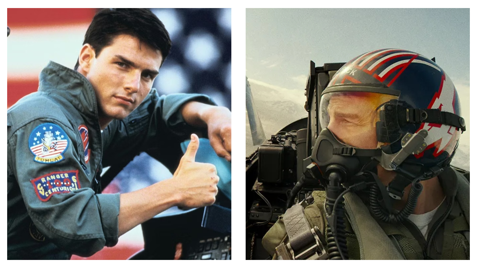 Stills of Tom Cruise in Top Gun (left) and Top Gun: Maverick (right)