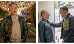 Two side-by-side production stills from Tip Toe featuring actor Alan Cumming. In the left panel, he stands on a street at night under warm string lights, wearing a dark leather jacket over a tan collared shirt and sporting a moustache. In the right panel, he is pinned against an indoor wall by co-star David Morrissey in a puffer jacket who is holding him by the collar near an open doorway.