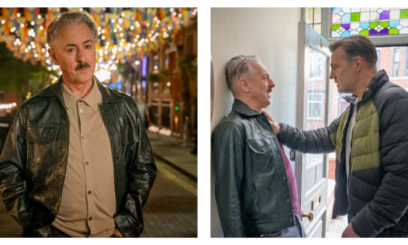Two side-by-side production stills from Tip Toe featuring actor Alan Cumming. In the left panel, he stands on a street at night under warm string lights, wearing a dark leather jacket over a tan collared shirt and sporting a moustache. In the right panel, he is pinned against an indoor wall by co-star David Morrissey in a puffer jacket who is holding him by the collar near an open doorway.
