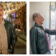 Two side-by-side production stills from Tip Toe featuring actor Alan Cumming. In the left panel, he stands on a street at night under warm string lights, wearing a dark leather jacket over a tan collared shirt and sporting a moustache. In the right panel, he is pinned against an indoor wall by co-star David Morrissey in a puffer jacket who is holding him by the collar near an open doorway.