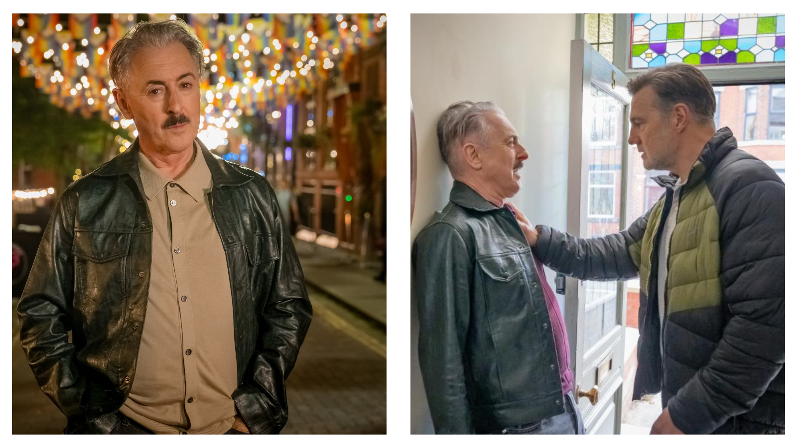 Two side-by-side production stills from Tip Toe featuring actor Alan Cumming. In the left panel, he stands on a street at night under warm string lights, wearing a dark leather jacket over a tan collared shirt and sporting a moustache. In the right panel, he is pinned against an indoor wall by co-star David Morrissey in a puffer jacket who is holding him by the collar near an open doorway.