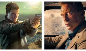 Side by side stills of James Bond Media, on the left, Patrick Gibson's likeness of the character in the 007 First Light video game, on the right, Daniel Craig's Bond in No Time to Die in close up driving a car peppered with bullet holes