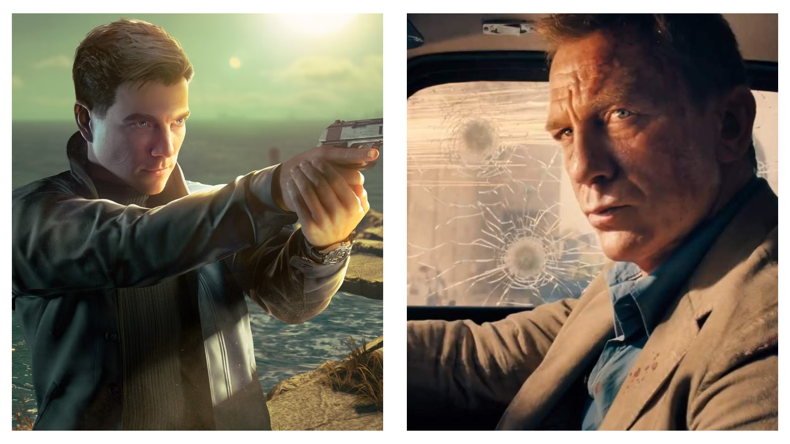 Side by side stills of James Bond Media, on the left, Patrick Gibson's likeness of the character in the 007 First Light video game, on the right, Daniel Craig's Bond in No Time to Die in close up driving a car peppered with bullet holes