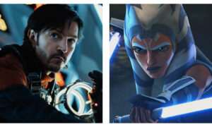 Side-by-side images showing Diego Luna in Andor looking seriously from a cockpit on the left, and Ahsoka Tano wielding two glowing blue lightsabers on the right in The Clone Wars animated series.