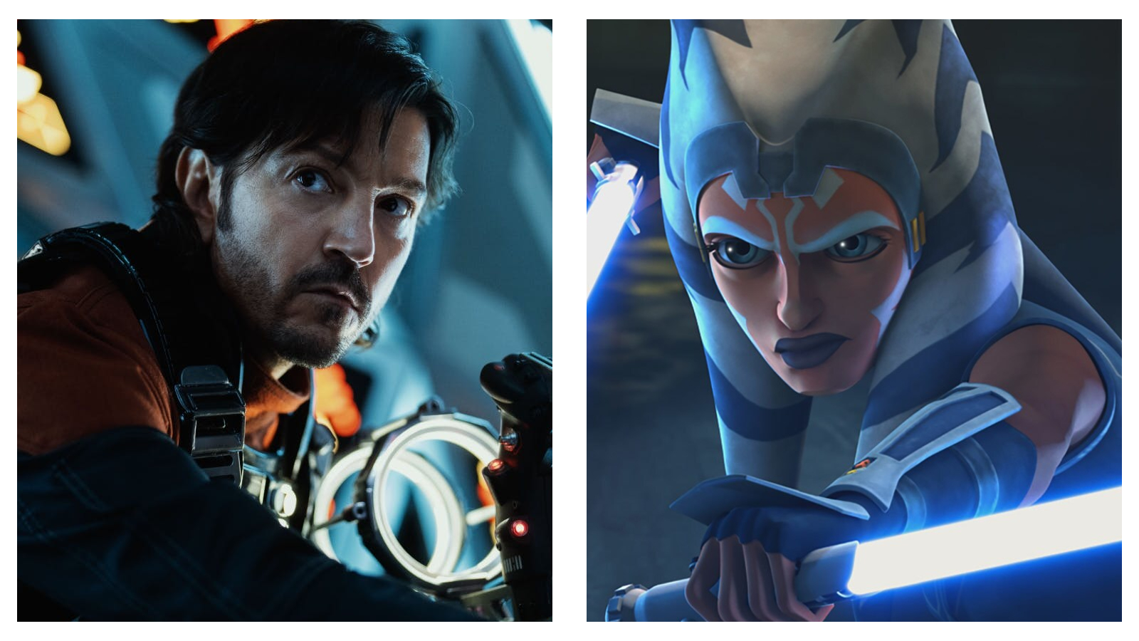 Side-by-side images showing Diego Luna in Andor looking seriously from a cockpit on the left, and Ahsoka Tano wielding two glowing blue lightsabers on the right in The Clone Wars animated series.