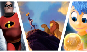 A three-panel collage featuring scenes from popular animated films divided by diagonal white borders: Mr. Incredible from The Incredibles on the left, Rafiki holding up baby Simba on Pride Rock from The Lion King in the centre, and Joy looking at a glowing memory orb from Inside Out on the right.