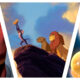 A three-panel collage featuring scenes from popular animated films divided by diagonal white borders: Mr. Incredible from The Incredibles on the left, Rafiki holding up baby Simba on Pride Rock from The Lion King in the centre, and Joy looking at a glowing memory orb from Inside Out on the right.