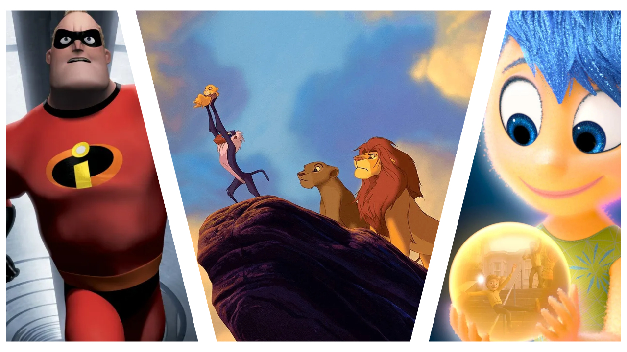 A three-panel collage featuring scenes from popular animated films divided by diagonal white borders: Mr. Incredible from The Incredibles on the left, Rafiki holding up baby Simba on Pride Rock from The Lion King in the centre, and Joy looking at a glowing memory orb from Inside Out on the right.