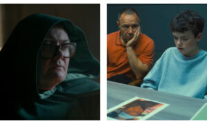 Split image with Alan Carr in close-up wearing a cloak on The Celebrity Traitors (left) and Stephen Graham with Owen Cooper during the police interrogation scene of Adolescence (right)