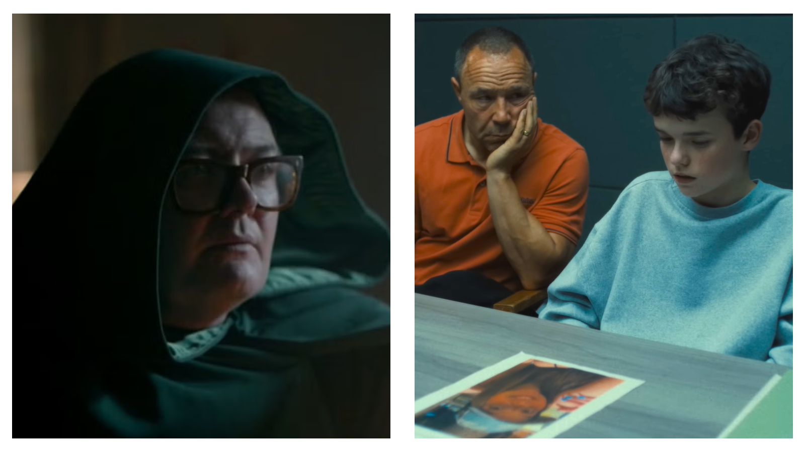 Split image with Alan Carr in close-up wearing a cloak on The Celebrity Traitors (left) and Stephen Graham with Owen Cooper during the police interrogation scene of Adolescence (right)