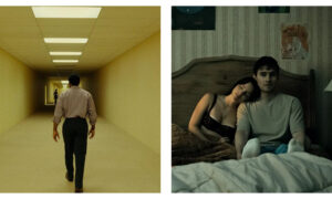 Two contrasting side-by-side scenes: on the left, a man walks down a long, dimly lit yellow corridor in "The Backrooms"; on the right, the central couple from “Obsession” sit in bed in a dimly lit, vintage-style bedroom, with the woman resting her head on the man's shoulder.