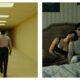 Two contrasting side-by-side scenes: on the left, a man walks down a long, dimly lit yellow corridor in "The Backrooms"; on the right, the central couple from “Obsession” sit in bed in a dimly lit, vintage-style bedroom, with the woman resting her head on the man's shoulder.