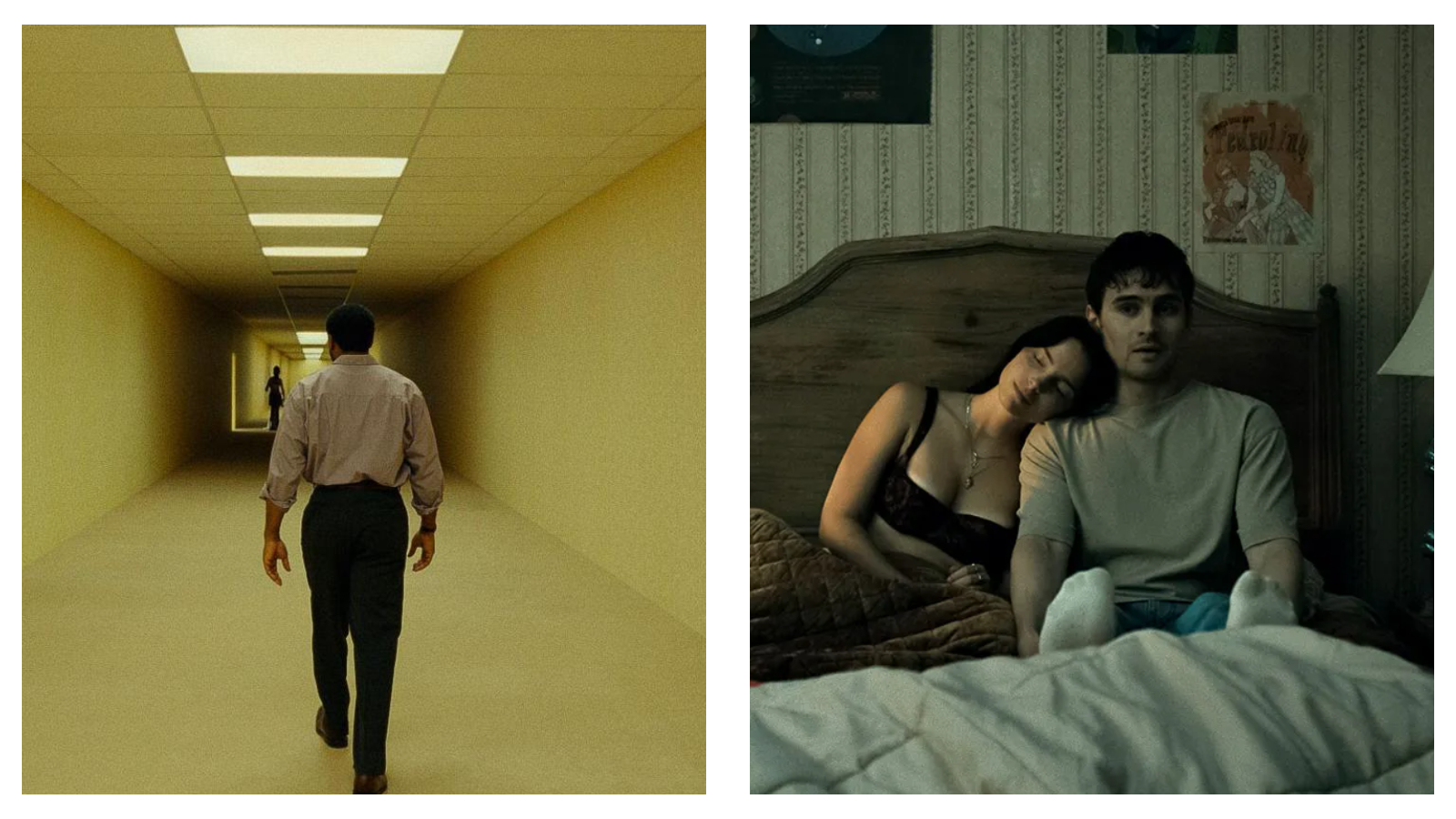 Two contrasting side-by-side scenes: on the left, a man walks down a long, dimly lit yellow corridor in "The Backrooms"; on the right, the central couple from “Obsession” sit in bed in a dimly lit, vintage-style bedroom, with the woman resting her head on the man's shoulder.