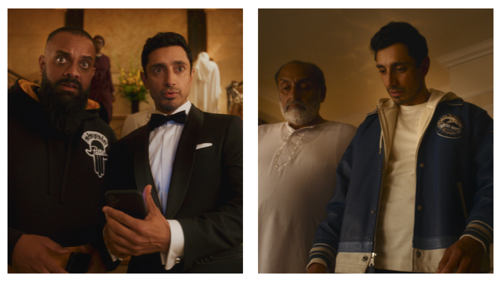 Stills of Riz Ahmed and the wider cast of Prime Video's Bait
